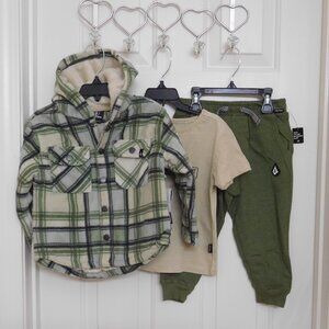 NWT 3pc Volcom Beige Black Olive Green Plaid Coat Shirt & Joggers Set sz 4t